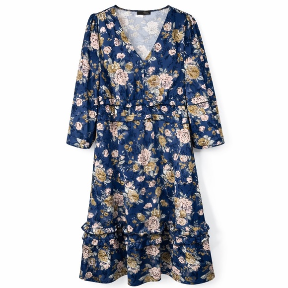 Suzanne Betro Dresses & Skirts - Suzanne Betro Navy Floral Wrap Maxi Dress Ruffle Hem Long Sleeve Plus 2X Boho